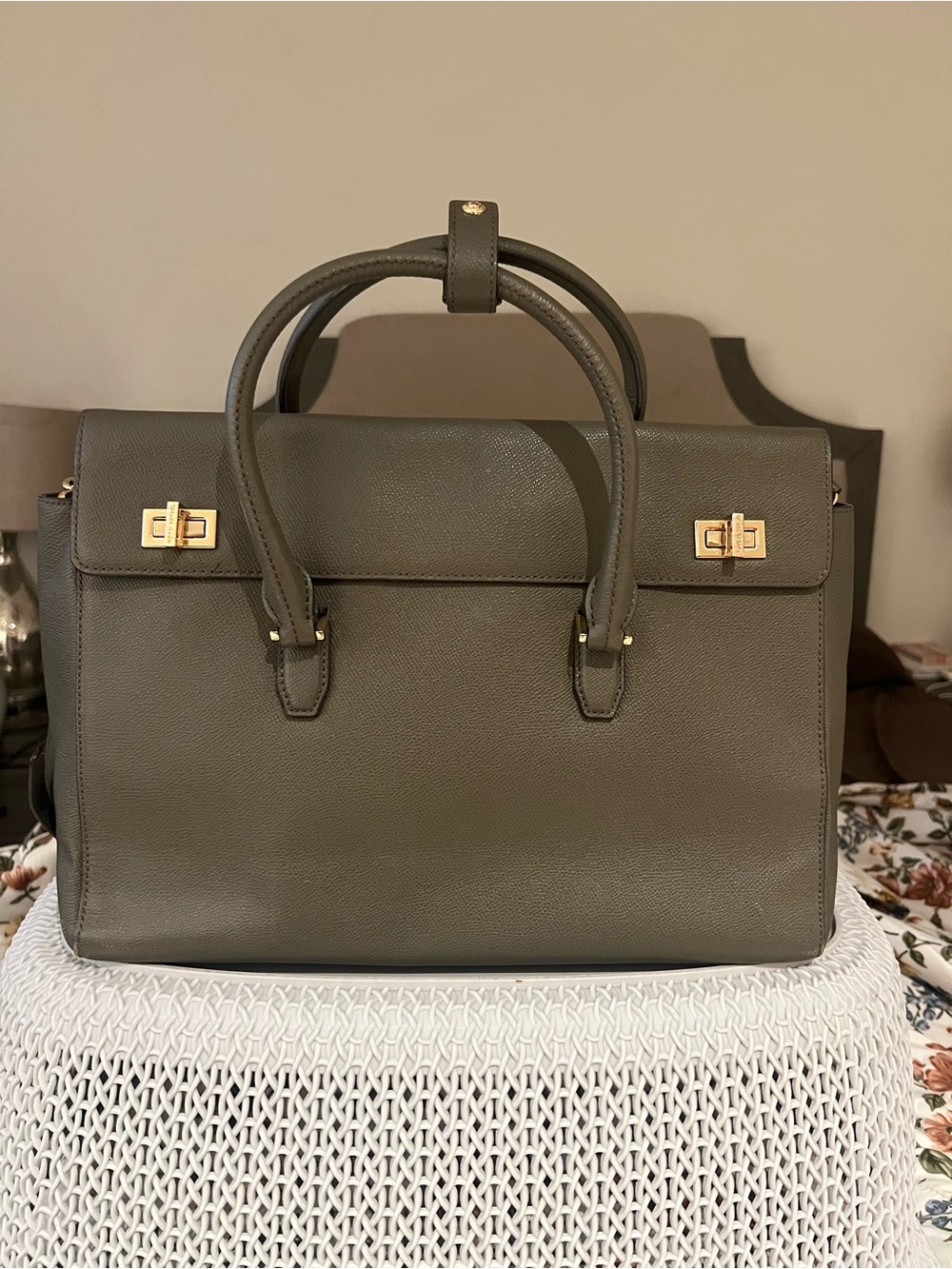 Henri Bendel Olive Green Structured Leather Top-Handle Satchel w/ removal strap.